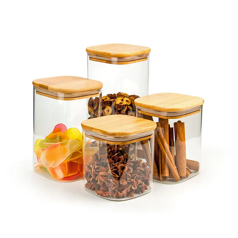 Bulk Products Spices Tea Coffee Glass Mason Jars Canning Square Glass Sealed Jars With bamboo Lid