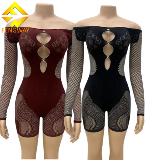 2024 New Fall Sexy Hollow Rompers Women off shoulder Long Sleeve Knitted Slim One Piece See Through Short Jumpsuits Bodysuits