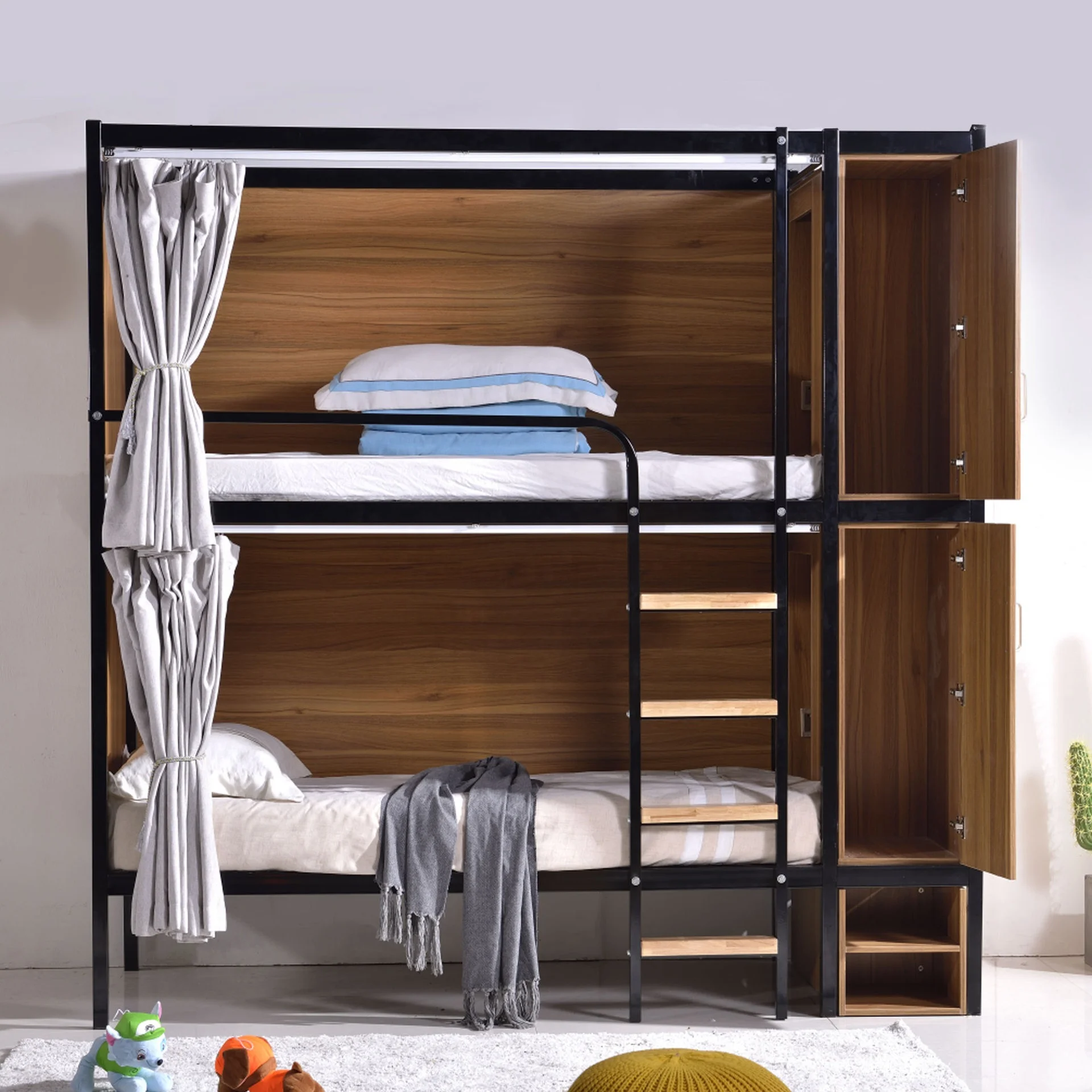 Modern design metal hostel and hotel bedroom dormitory double loft bunk bed for youth hotel hostel