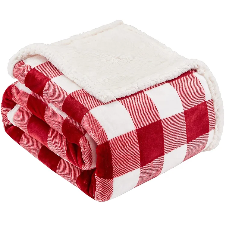 Sherpa Red and White Buffalo Plaid Throw Blanket, Fuzzy Fluffy Soft Cozy Blanket, Fleece Flannel Plush Microfiber Blan