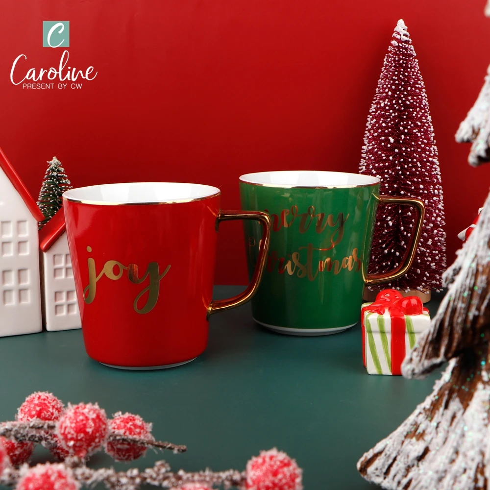 Merry Christmas Decal Gold Ceramic Modern Porcelain Coffee Cup Mugs