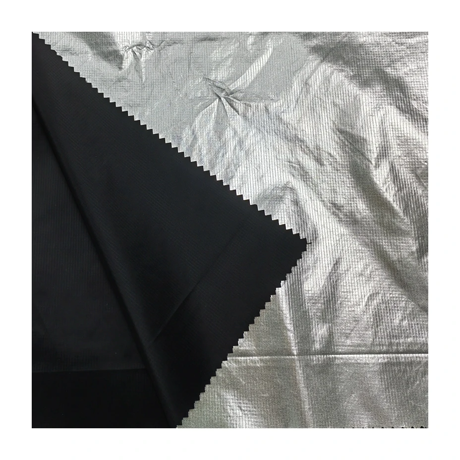 100% Polyamide 20D Silver Ripstop Nylon Fabric Aluminum Foil Print Coated For Jacket Lining