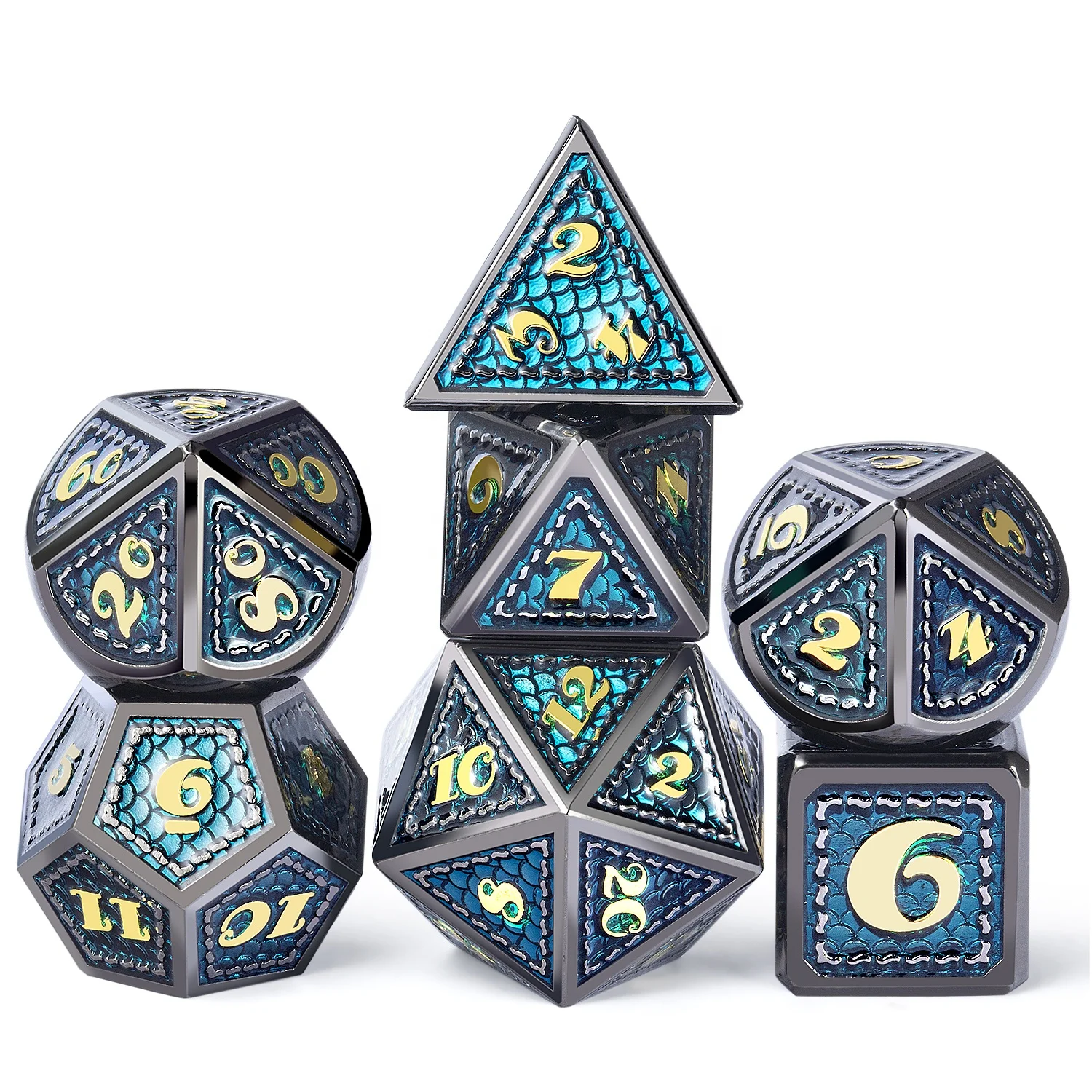 Оптовая продажа 7 шт. синие кости d & D4 D6 D8 D10 D12 D20 D % металлические многогранные dnd для подземей и