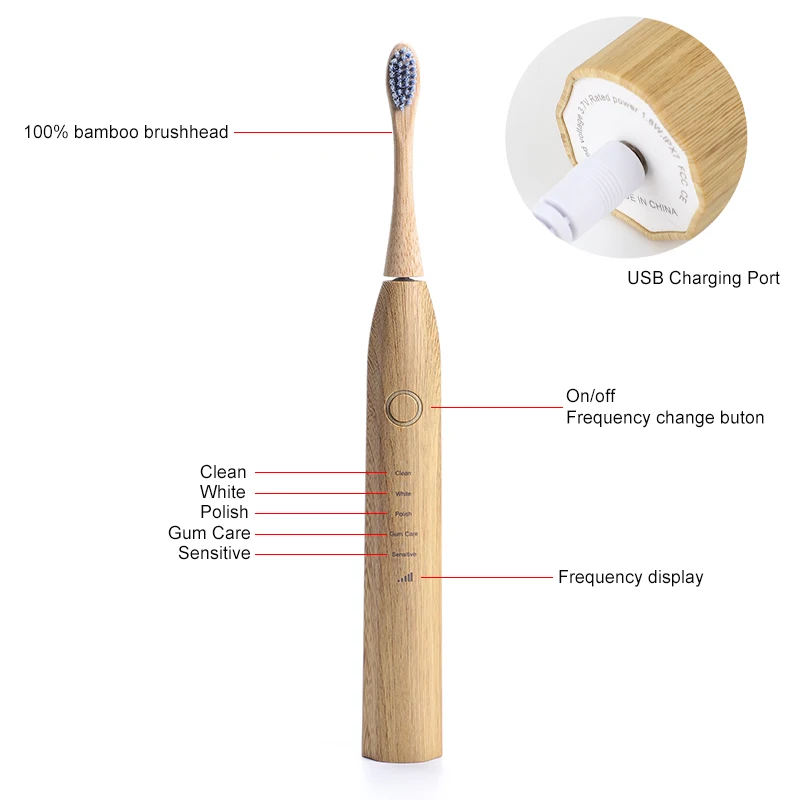 Хит продаж экологически чистая перезаряжаемая ультразвуковая бамбуковая электрическая зубная щетка с головками из древесного угля
