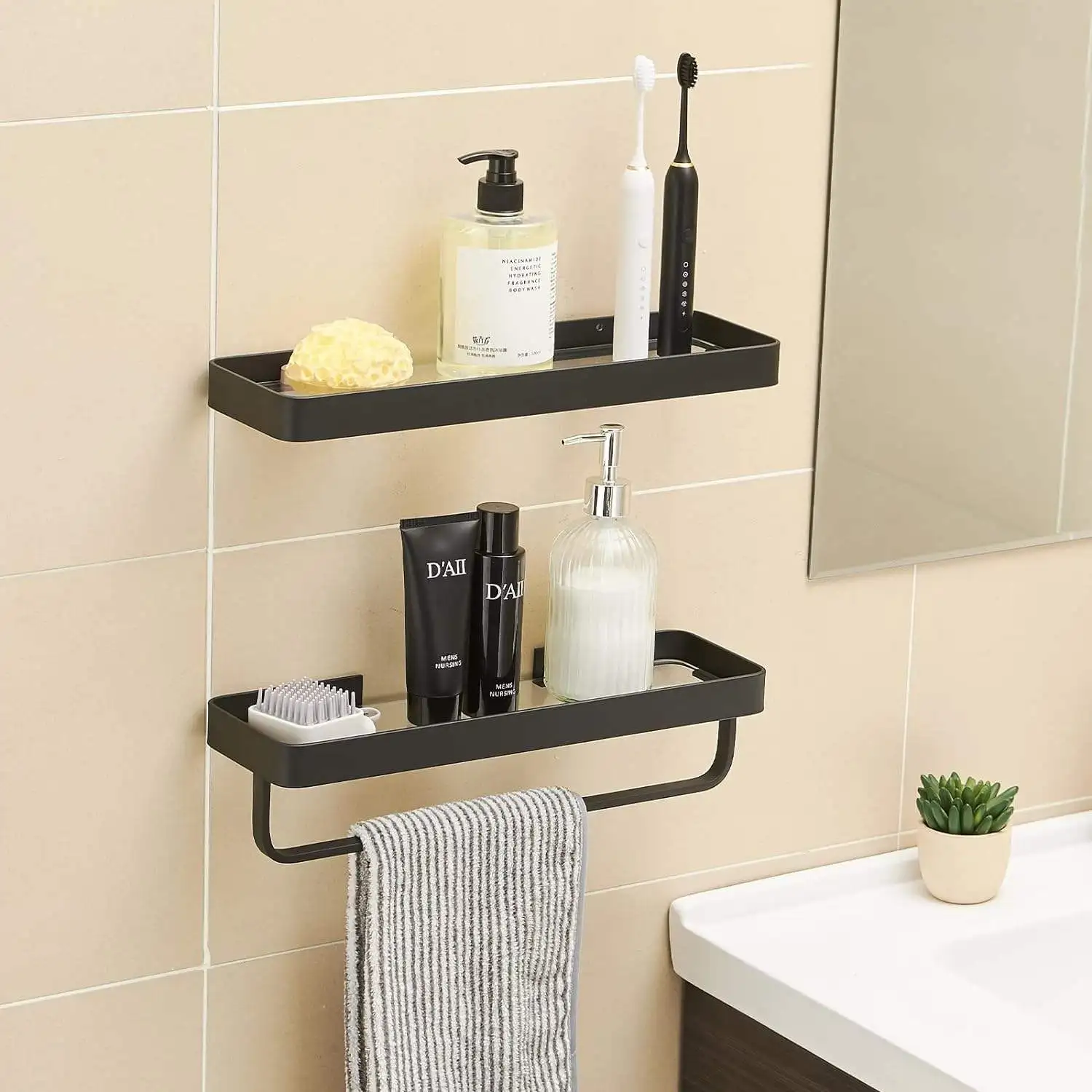 Black 2 Tier Glass Bathroom Shelves Wall Mounted Floating Shelves for Bathroom Wall Storage Organizer