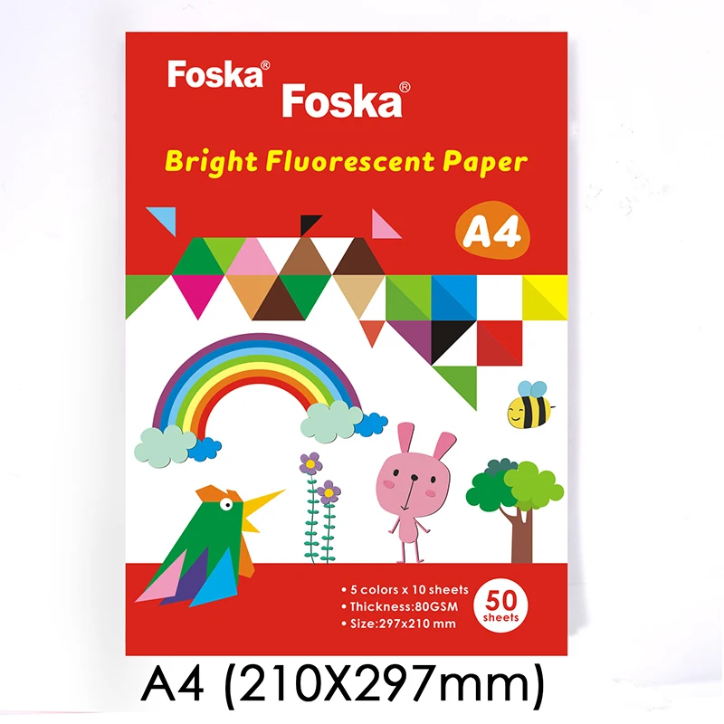 Foska Hot Sale New Item 80GSM Bright Fluorescent A4 Paper for Kids Colorful DIY Craft Handmade Paper