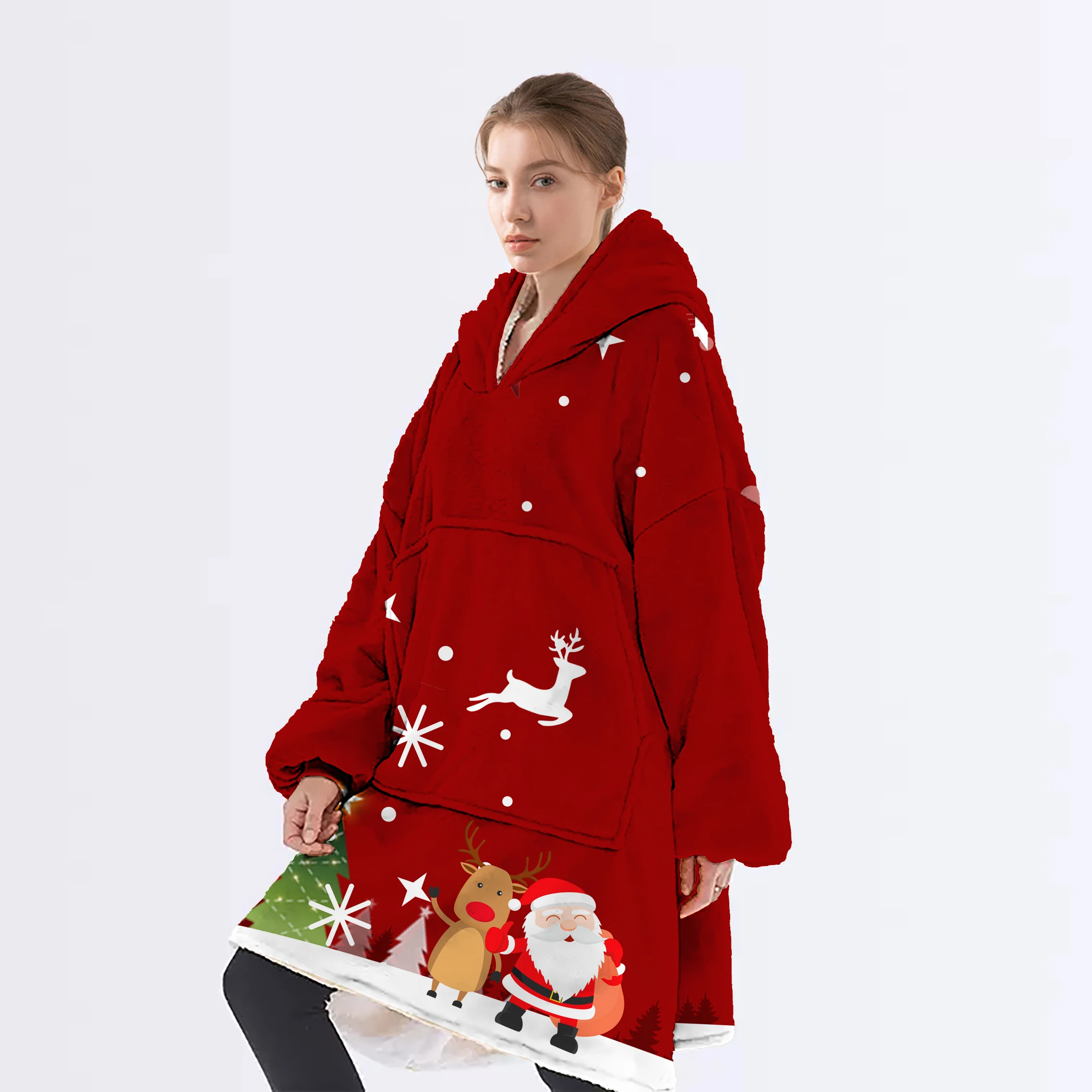 Wholesale Kids Adult Super Soft Warm Sweatshirt Comfy Fleece Christmas Custom Printed Oversized Sherpa Wearable Hoodie Blanket