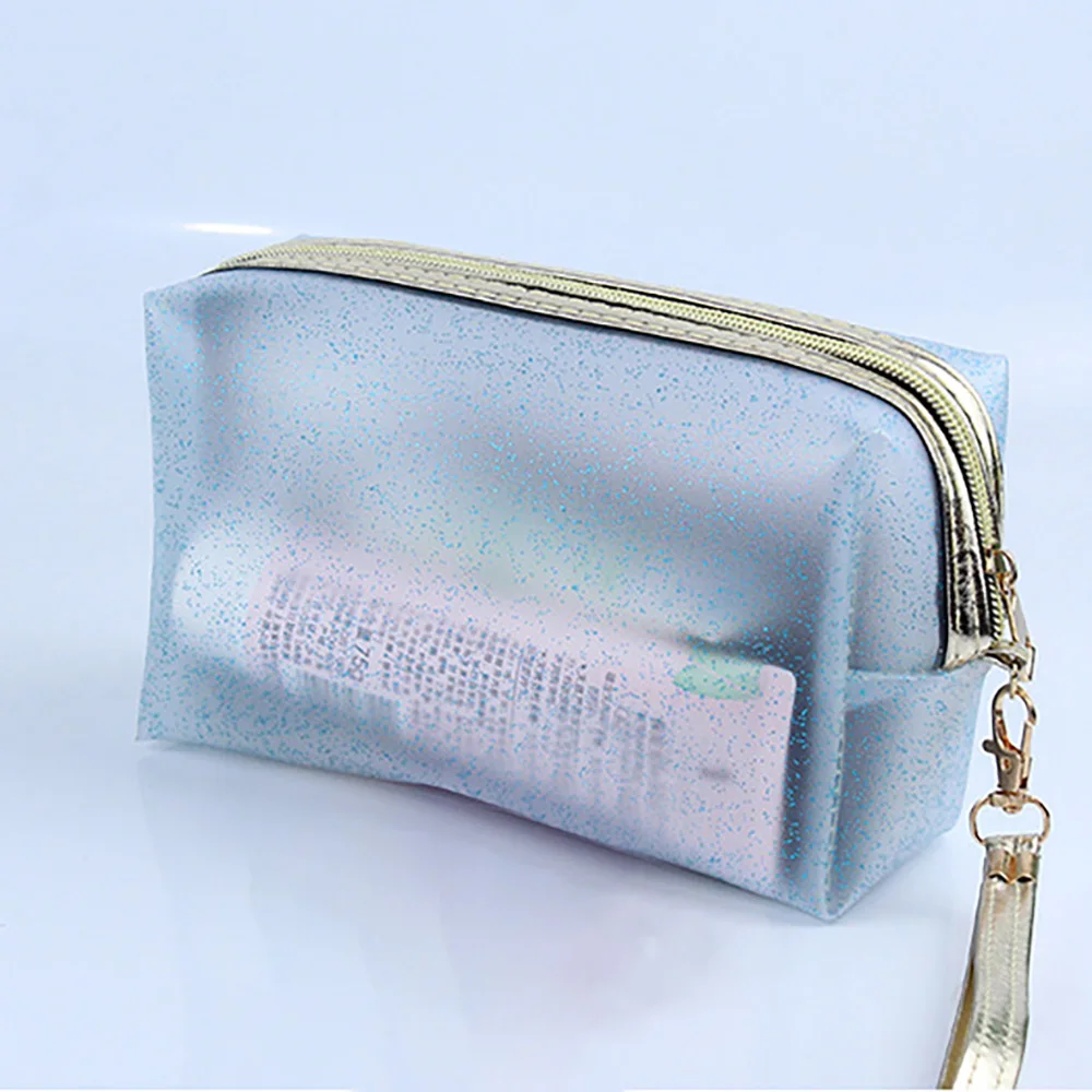 Wholesale Translucence Glitter Waterproof Makeup Cosmetic Bag with Wrist Strip Jelly Color Semi Transparent Toilet Pouch