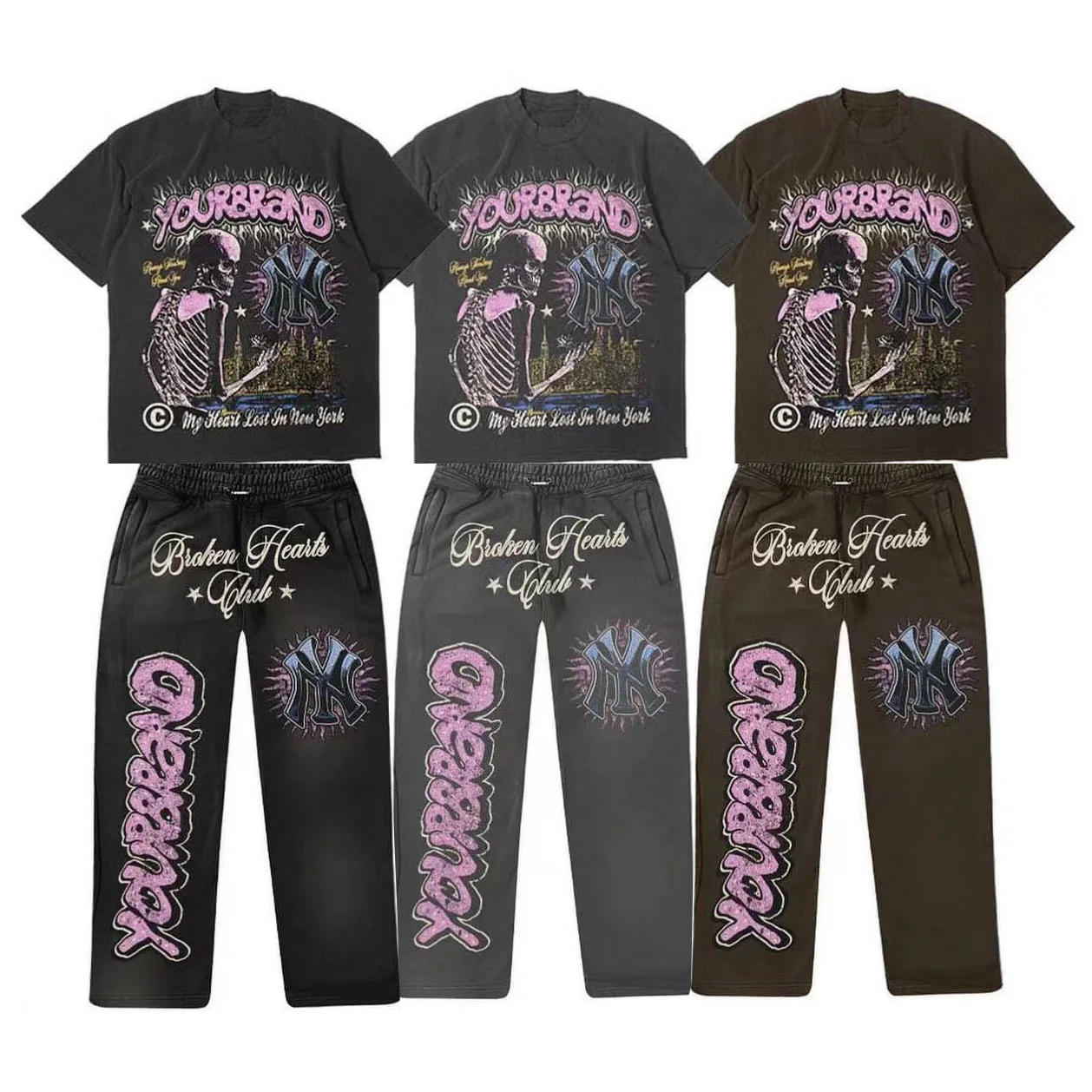 Unisex Tees Oversized Casual Set T-shirt And Trousers Custom Skull Screen Print Acid Wash Heavyweight T Shirt Pants Set For Men