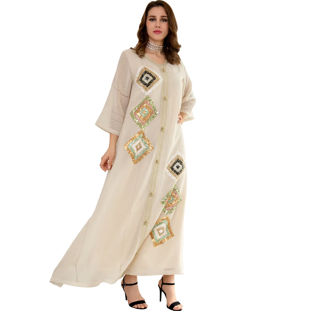 LYZAB185 Cotton Linen Four Side Sequin Embroidery Floral Skirt Skin Color Loose Elegant Abaya Muslim Fashion Gown Dress