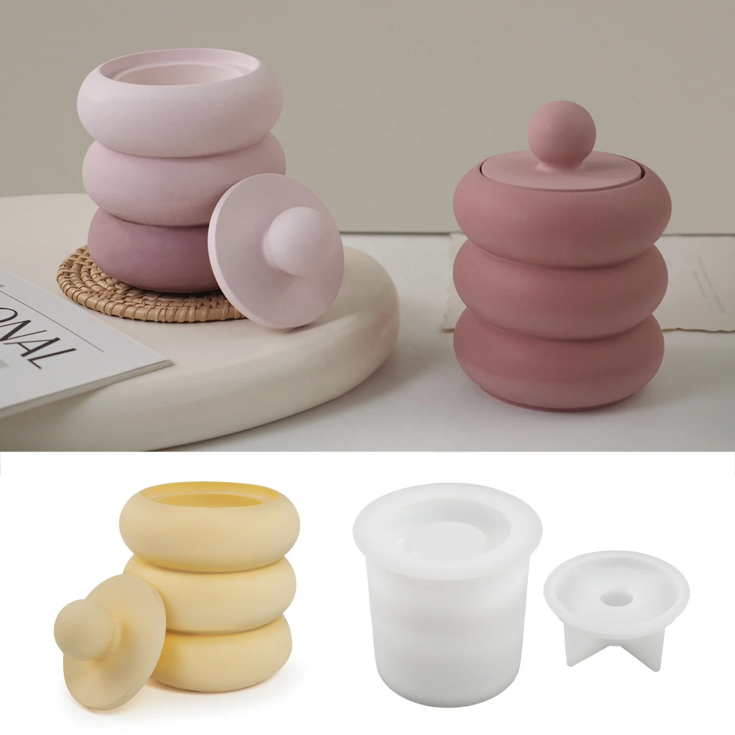 CARATTE Donut Round Concrete Resin Candle Holder Silicone Mold with Lid Cement Jesmonite Mould