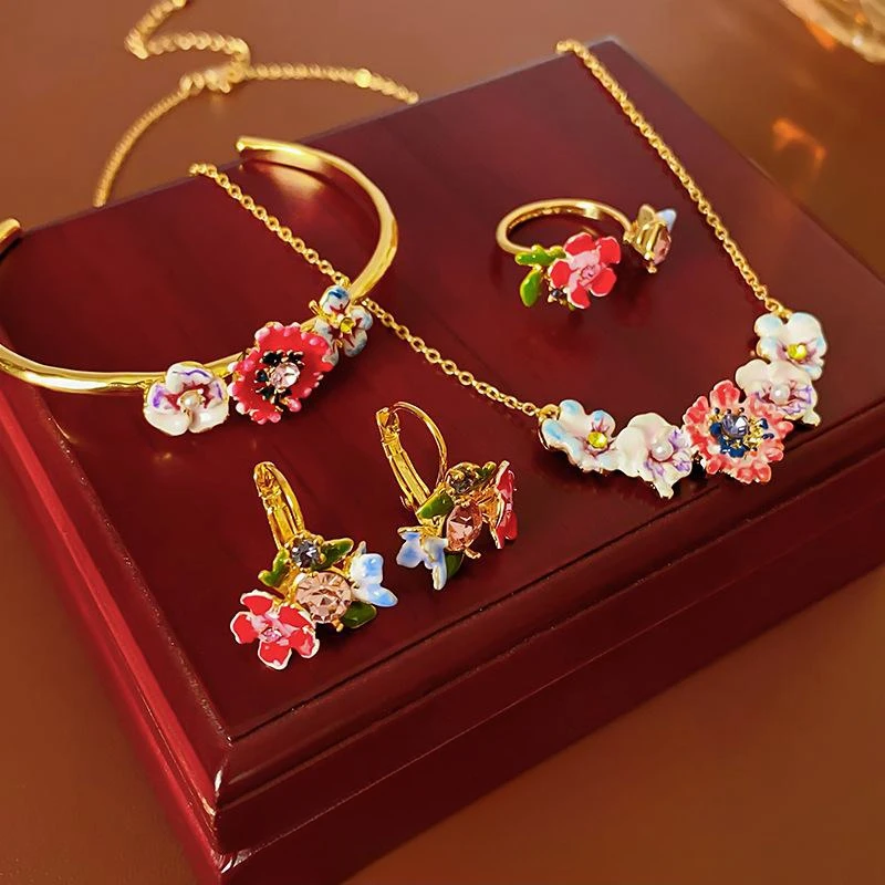 Hot Sell Floral Jewlery Set Colorful Drop Oil Inlaid Pearl Diamond Flowers Shaped Necklace 4-Piece Set Women Stylish Jewelry