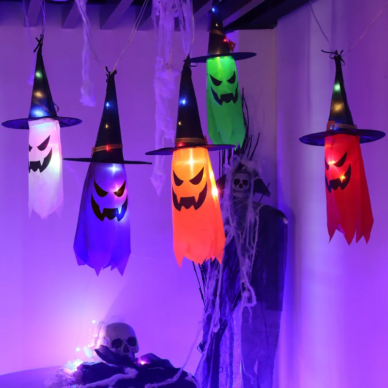 Halloween Fabric Outdoor Windsocks Hanging Ghost Lantern String Light for Garden