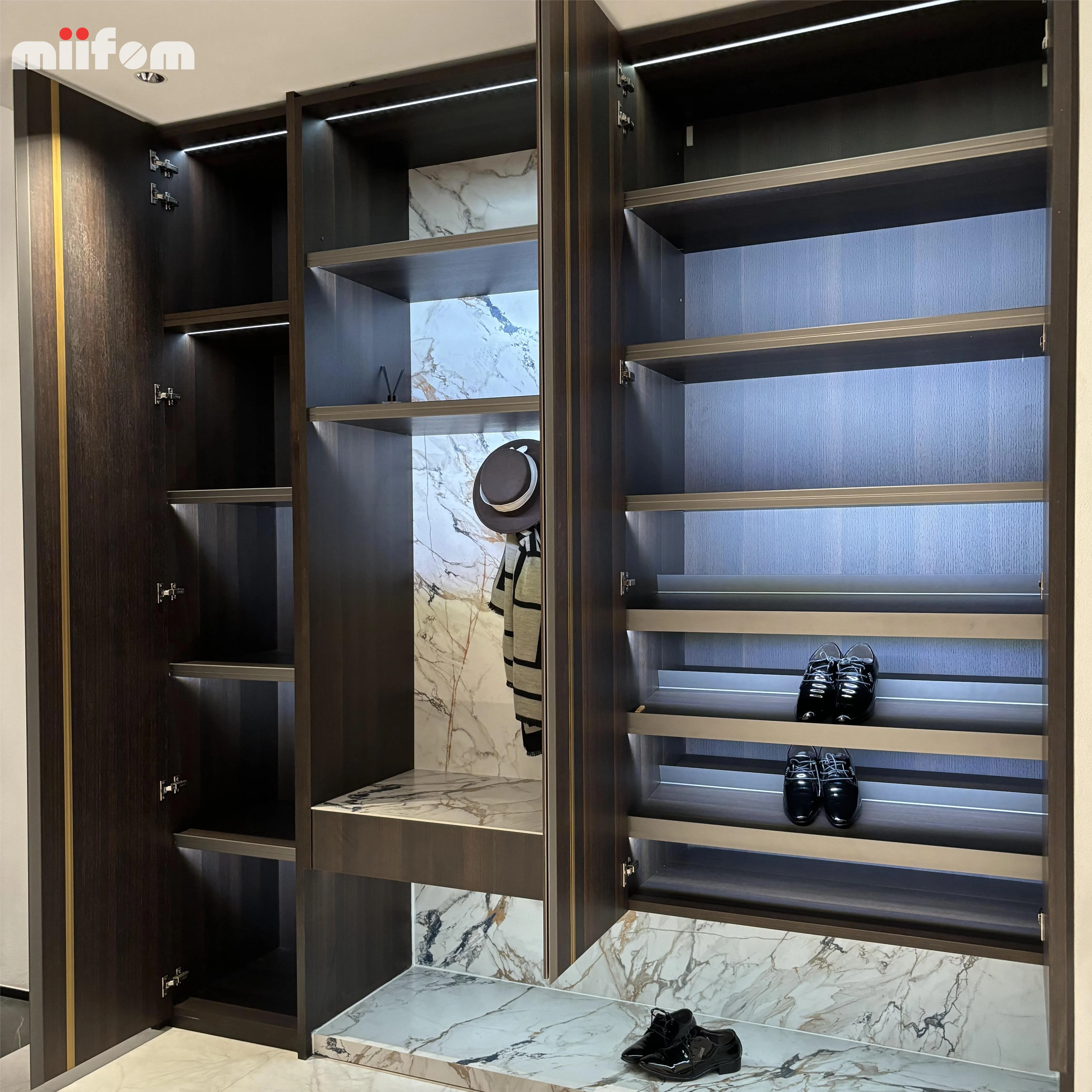 smoked oak hollow out design sense from floor to celling handles home shoes cabinet with open hanging clothes area