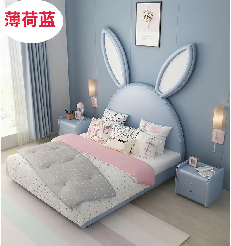Children Kid Size Single Double Leather Bed Bedroom Kid Furniture Set Rabbit rabbit ears children bed fantasy castle cartoon