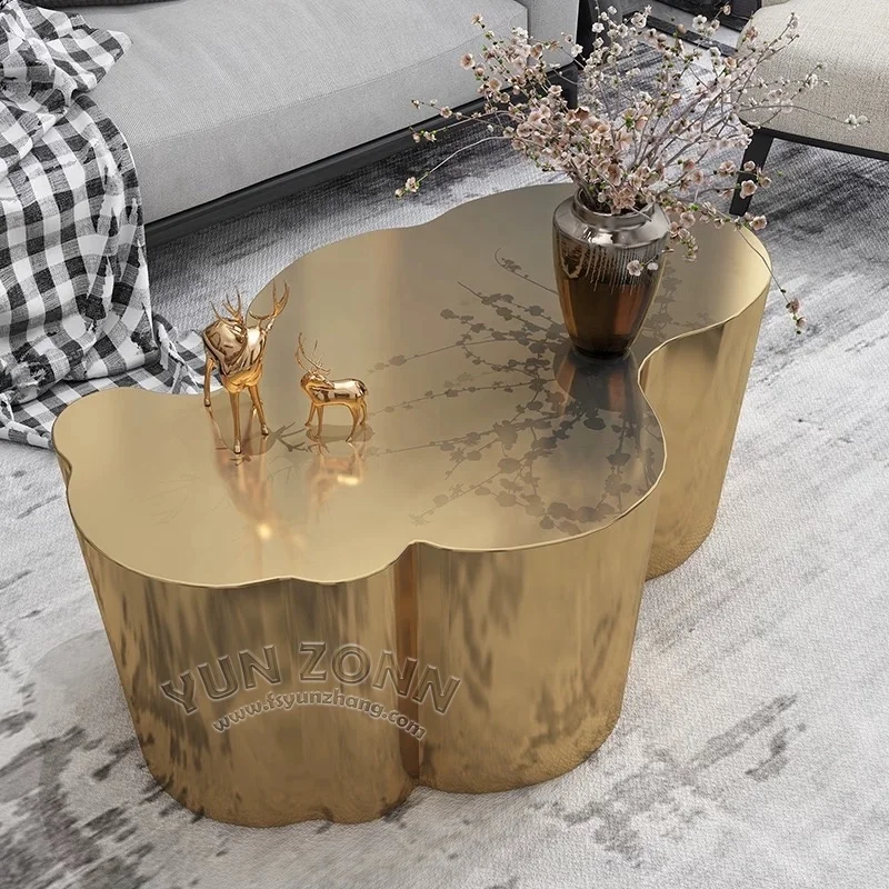YunZonn Modern Gold Mirror Stainless Steel Coffee Table Irregular Style for Living Room Dining Hotels Villas Apartments Use