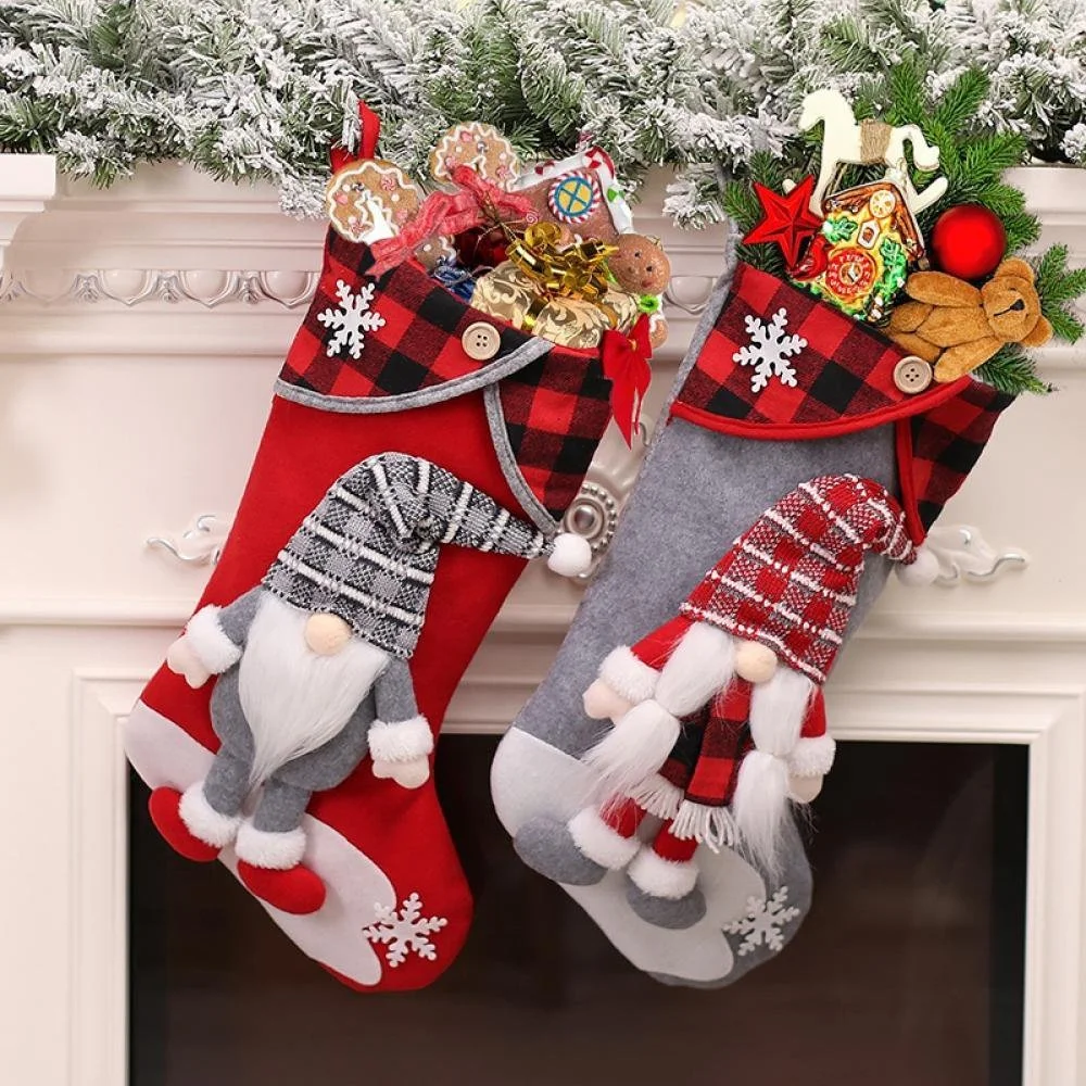 2 Pcs Christmas Stockings Set with 3D Mr and Mrs Swedish Gnome Couple for Kids Holiday Fireplace Hanging Xmas Party Decorations