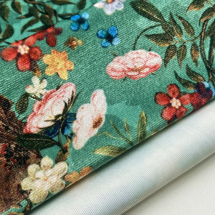 Green velour 95% polyester 5% spandex warp knitted floral digital printed korean velvet fabric for dress clothing