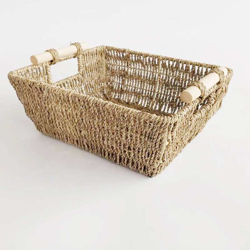 
Hand-Woven Large Storage Sea grass Wicker Baskets with Wooden Handles for Organizing 