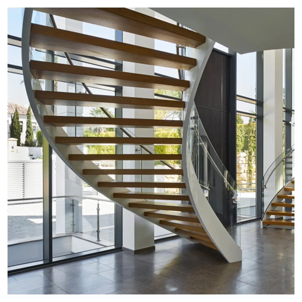 CBDMART Iron Curved Staircase Entrance Curved Staircase with Marble Treads Steel Frame Stair