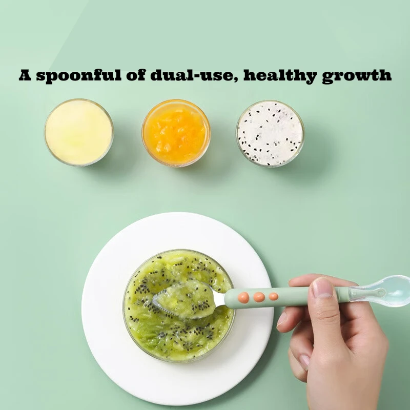 2024 Baby Fruit Scraping Spoon Stainless Steel with Double-Ended Soft Silicone BPA Free Food Grade Feeding Product