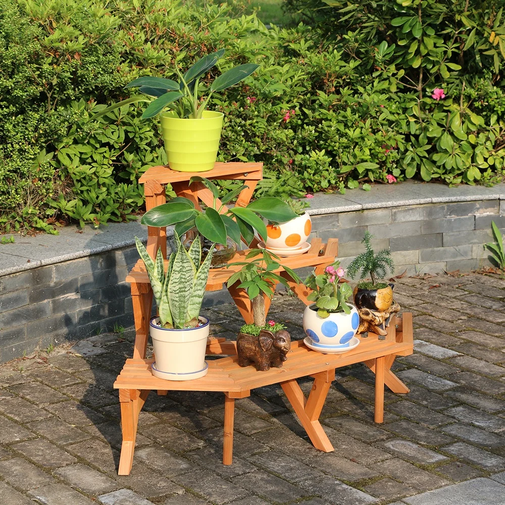 Hot sale outdoor garden plant shelf wooden plant rack corner flower pot display plant stand
