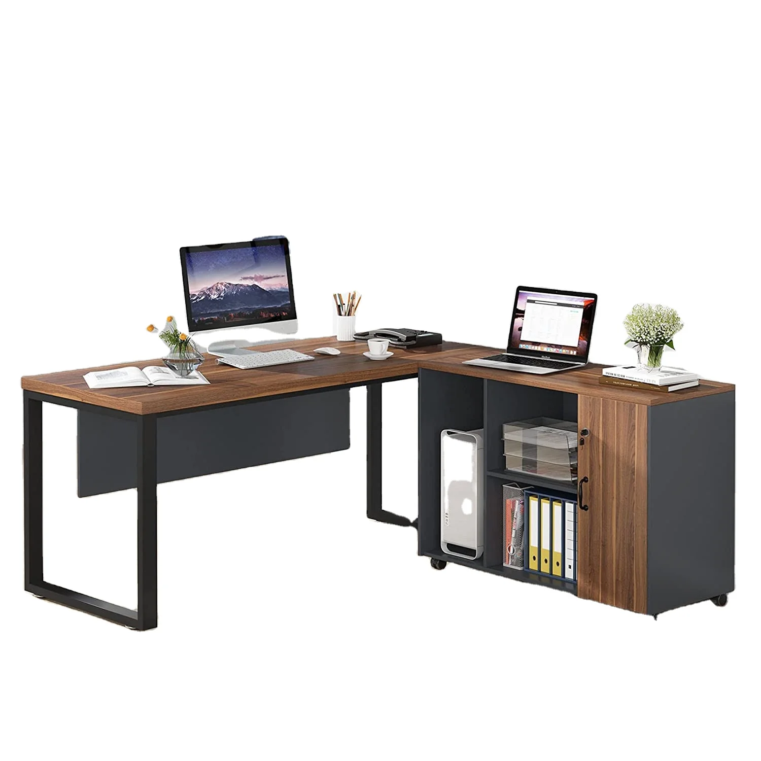 L-Shaped Computer Desk Executive Office Desk Computer Table Workstation Business Furniture with Locking File Cabinet Storage