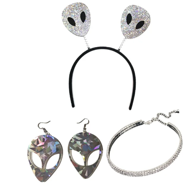 Funny Alien Costume for Kids Adults Alien Headband Gloves Sparkly Necklace Alien Earrings Alien Cosplay Accessories