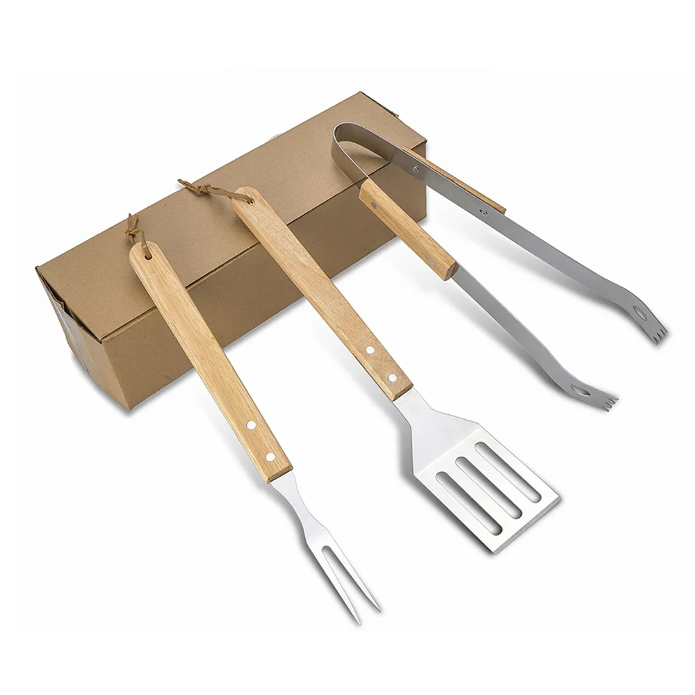 OWNSWING Outdoor Stainless Steel Barbecue Tools BBQ Wooden Handle Fork Shovel Clip Combination Barbecue Suit