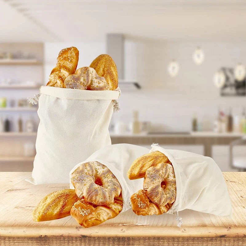 Customized Logo 100% Organic Cotton Bread Bags Pouches With Drawstring