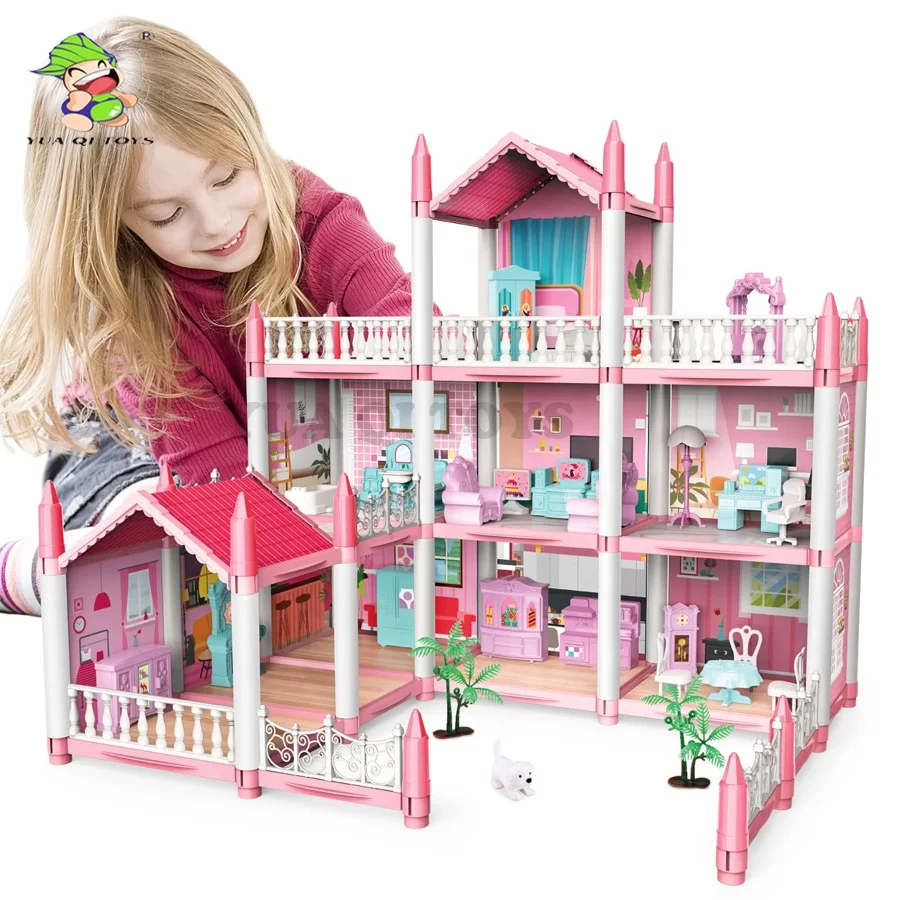 YQ DIY сборка и игровой набор с мебелью очаровательный розовый Кукольный домик 3 этажами 9 комнатами для детей