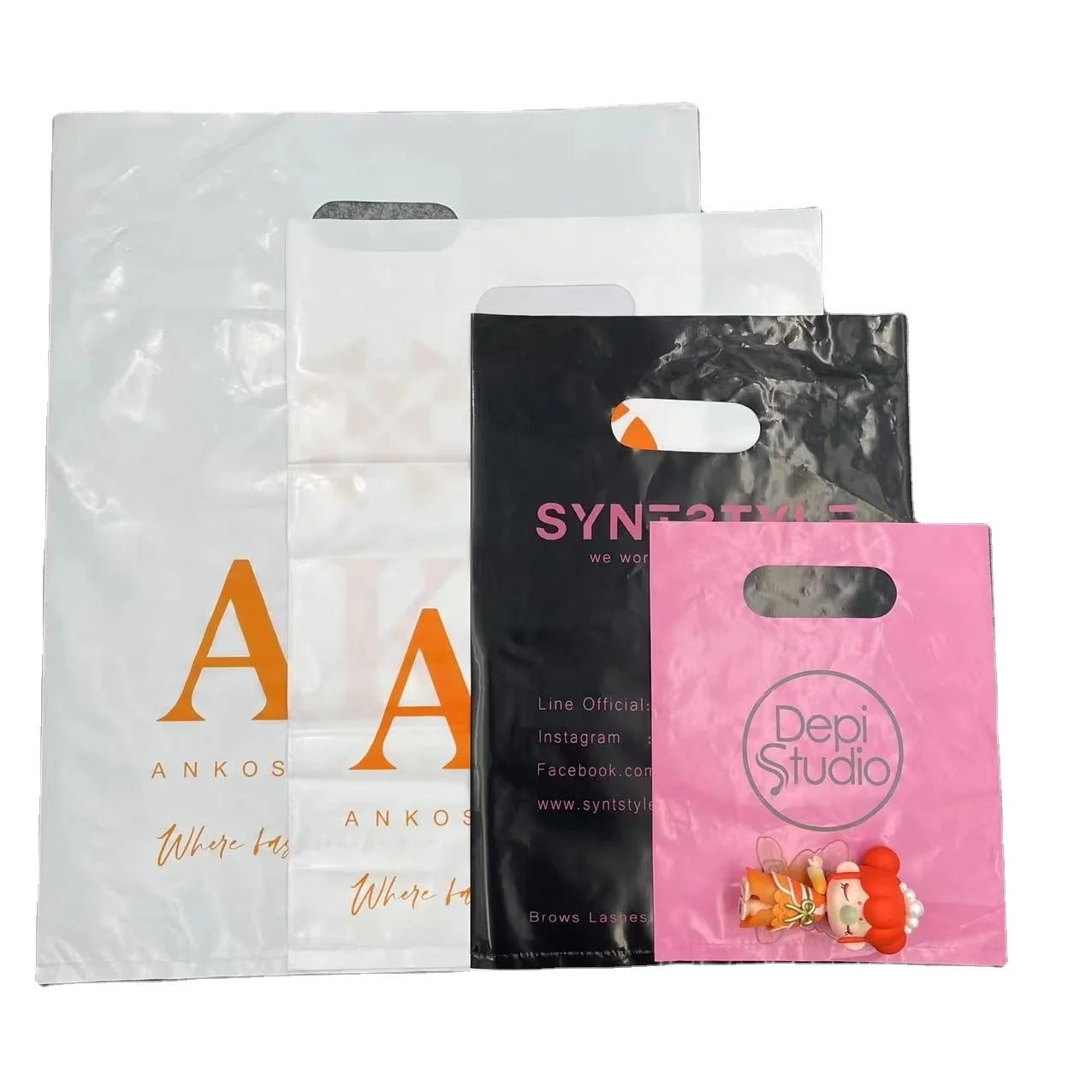 Wholesale Eco-friendly Recyclable Custom Logo Printed Die Cut Handle Plastic Packaging Shopping Bag For Clothing and Shoes