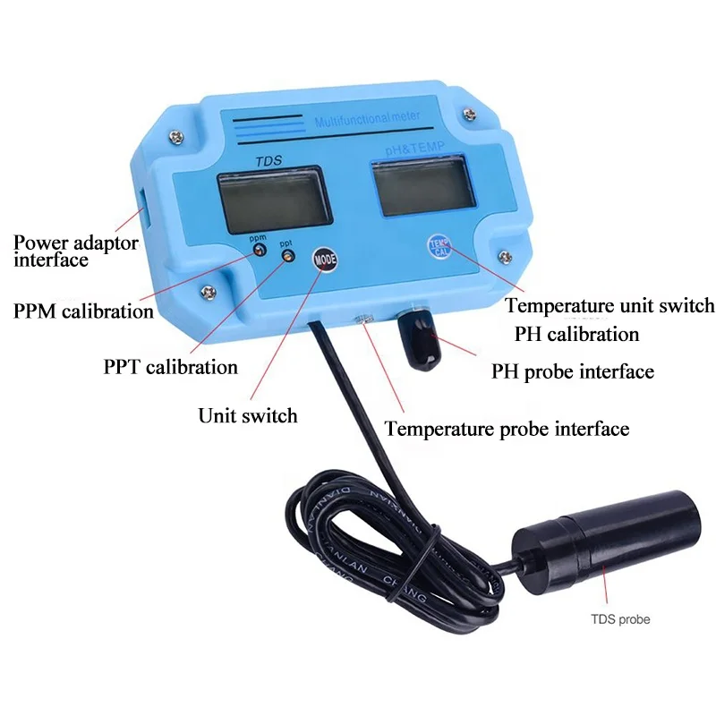 
PH-2983 Digital Water Quality Analyzer High Accuracy Online PH TDS Tester 3 in 1 PH TDS TEMP Meter Monitor 