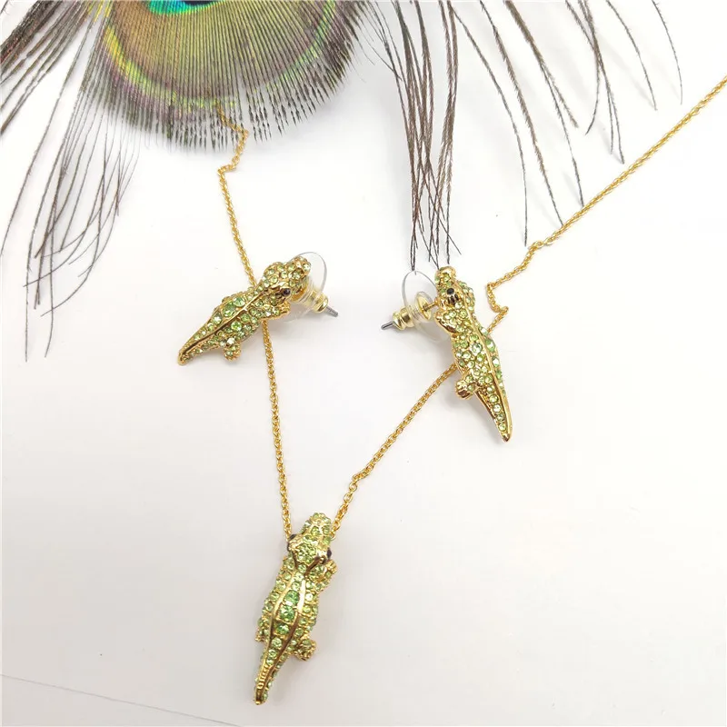 Fashion Top Quality Real Gold Plated Full Crystal Lizard Crocodile Earrings Necklace Bracelets Set Jewelry