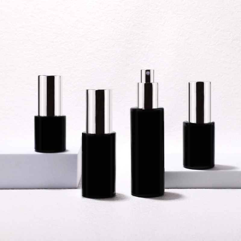 In stock  black glass 20ml 30ml 40ml 60ml flat shoulder spray perfume bottle with silver mist sprayer