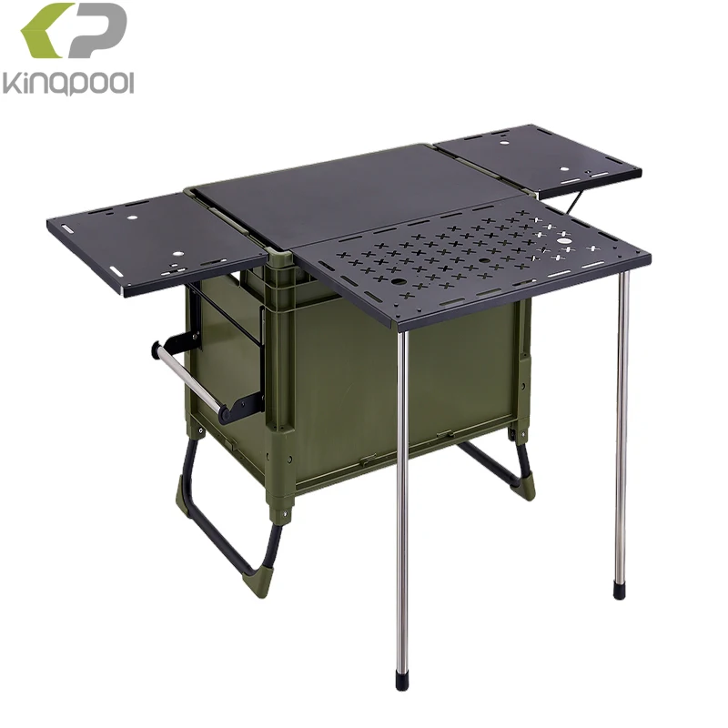 Kingpool Multifunction Portable Folding Outdoor Kitchen Box Collapsible Lidded Picnic Camping Storage Box with Steel Table
