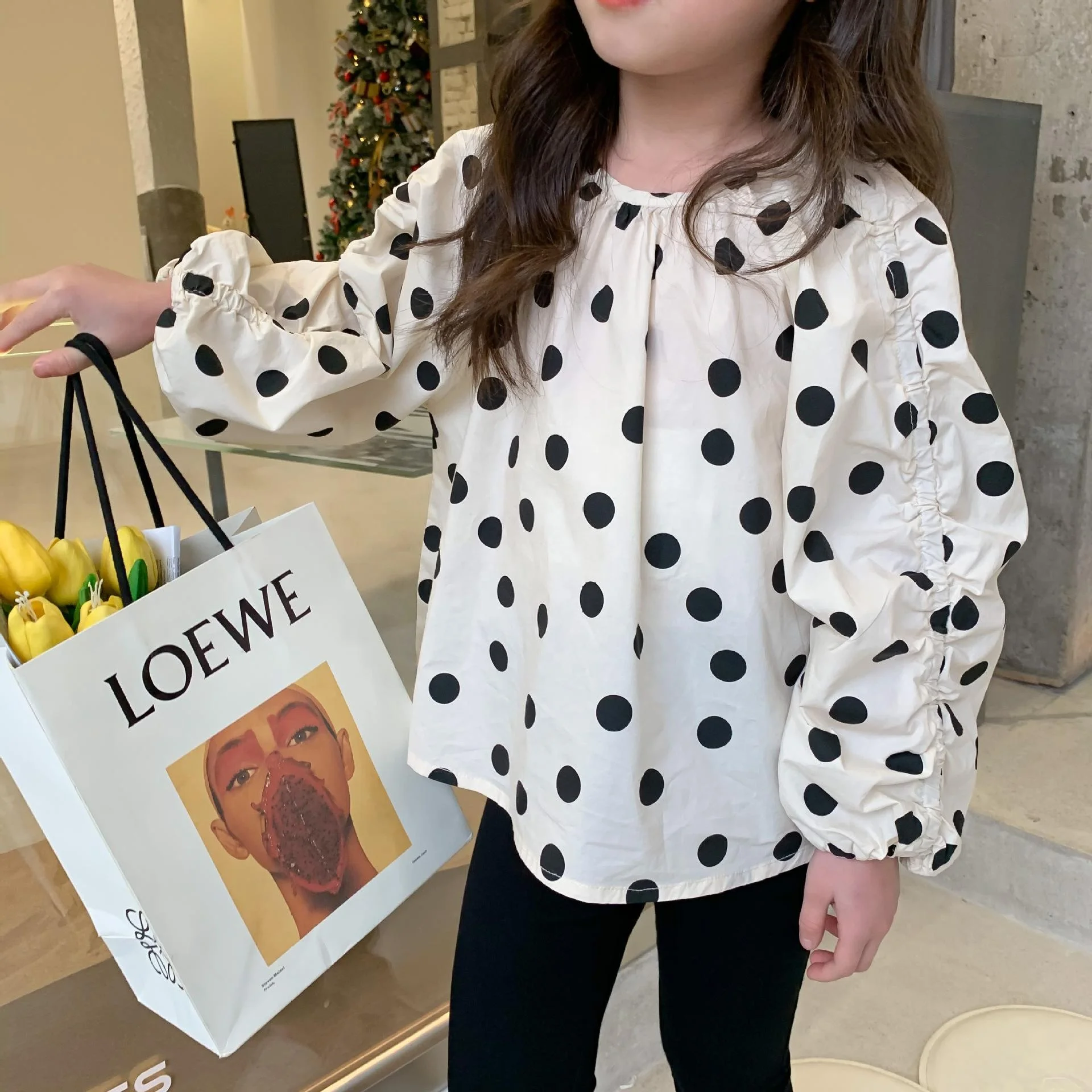 
2021 New Spring Toddler Kid Girl Puff Long Sleeves White Polka Dot Casual Blouse for 2-7T 