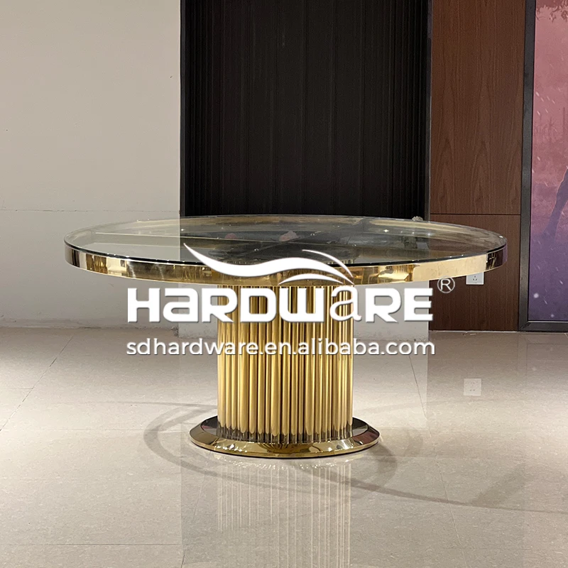 Foshan Hardware Furniture Gold Stainless Steel Clear Glass Round Banquet Table Set