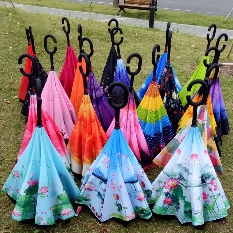 ZD087 Self Stand Upside Straight Bumbleshoot Large Double Layer Reverse Long Parasol Big C Type Handle Car Inverted Umbrella