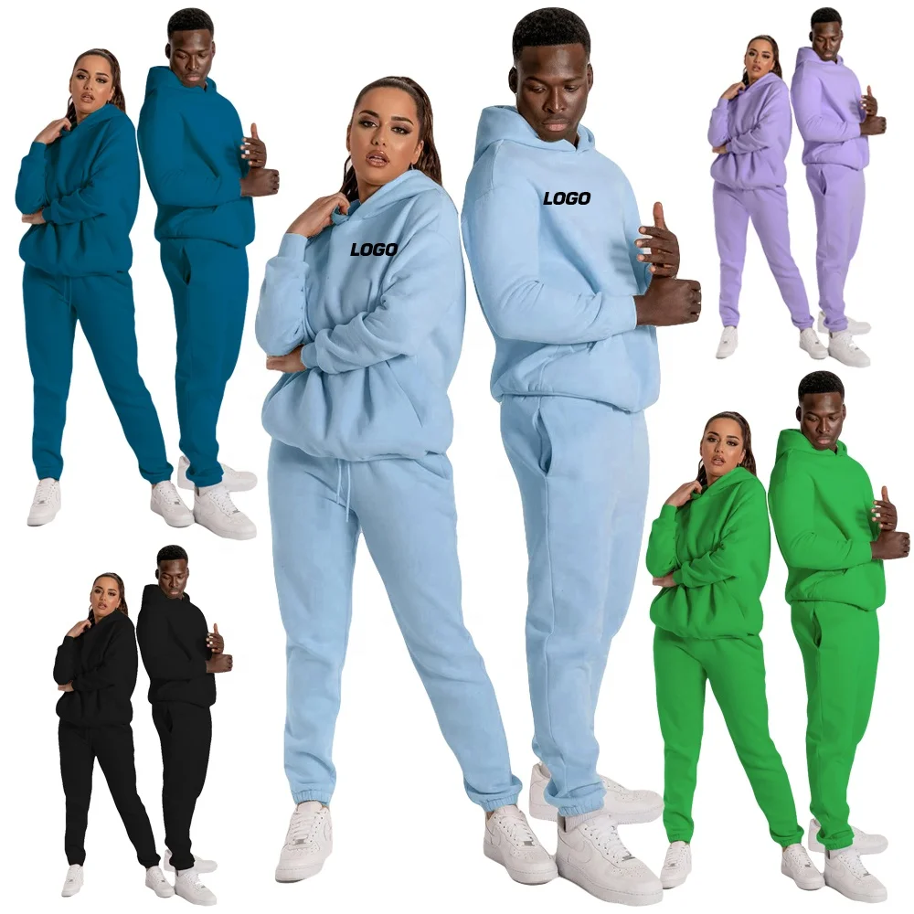 Custom Logo Euro Size 100% Organic Cotton Unisex Plain Sports Tracksuit Joggers Suits Plus Size Velour Hoodie Sets Tracksuits