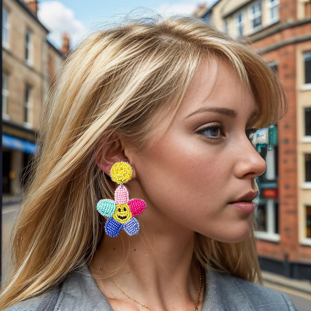 European and American New Colored Flower Cute Cartoon Smiling Face Fashion Versatile Creative Handmade Rice Ball Earrings