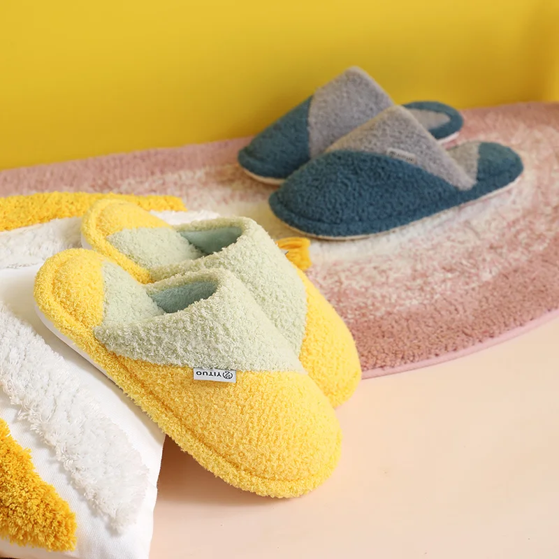 Manufacturers directly sales custom winter plush flurry indoor bedroom fluffy couple cotton quite slides slippers for women men