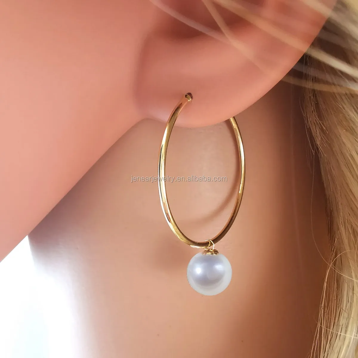 
Real pure 18K AU750 gold big hook earring high quality freshwater pearl 28mm diameter big real gold hook pearl earrings 