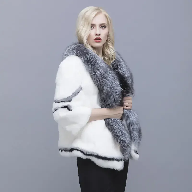 MWFur Women Winter Coats Black Woman Casual Coat For Women Fashion Winter Rabbit Fur Coat With Fox Fur Collar Rabbit Skin