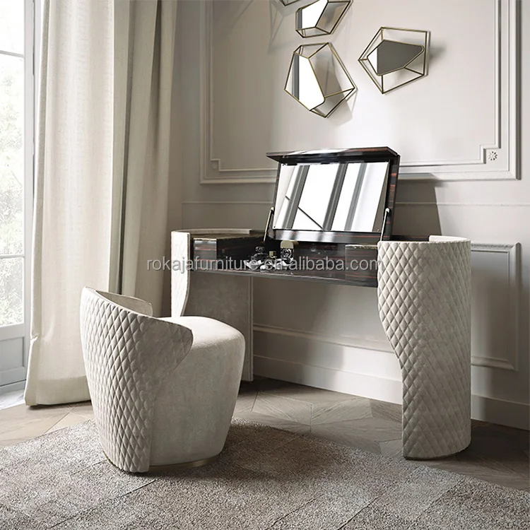 Elegant Bedroom Furniture Dresser Set Flip Top Design Top Makeup Table With Mirror Modern Luxury Vanity with Chair