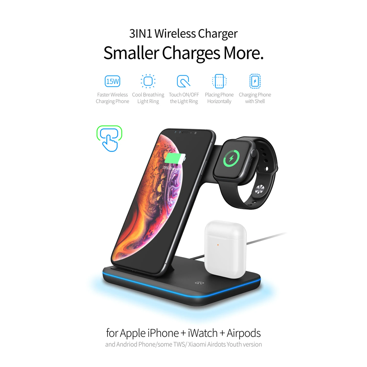  Беспроводная зарядная подставка WELUV Qi 3 в 1 для iPhone 11 Pro X XS MAX 15 Вт быстрая док-станция Apple iWatch