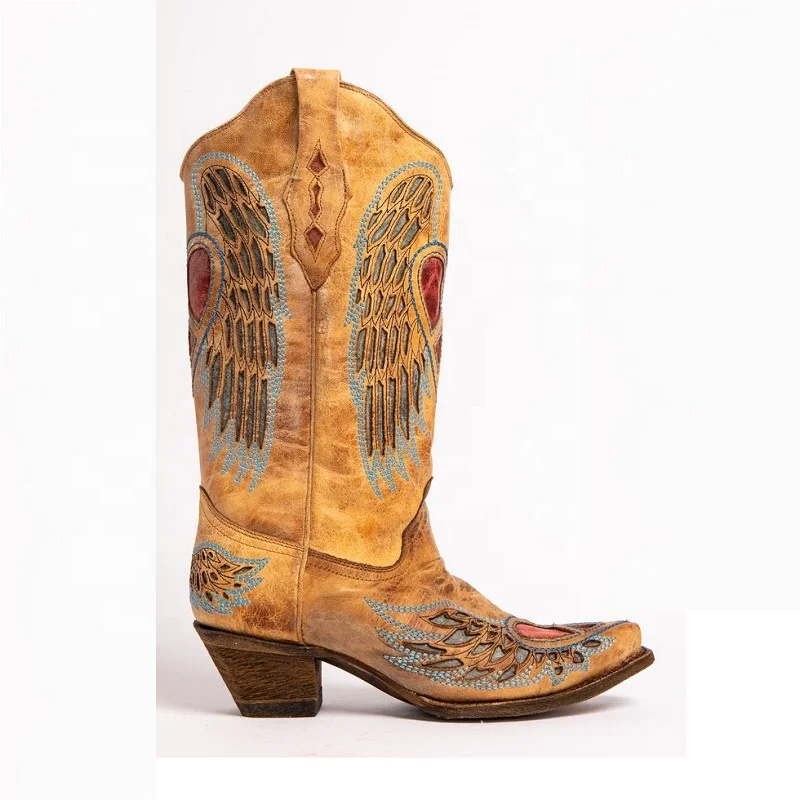 
Cowinner Woman Inlay Embroidered Cowgirl Boot Embroidery Inlay Leather Boots Snip Toe 