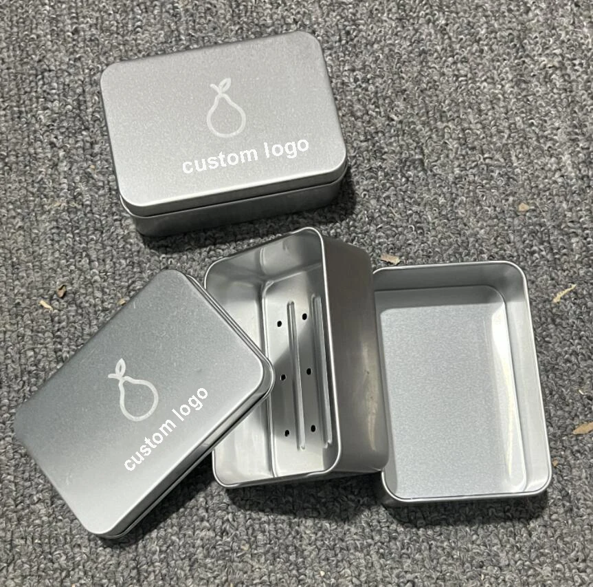 Bathroom Drain Layer Soap Dish Rectangle Custom Logo Empty Container Aluminium Soap Tin Case Box with Lid
