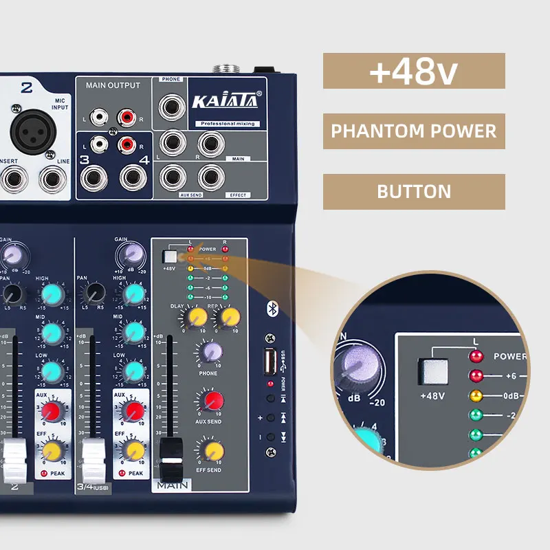 KAIKA F4-USB-5 Factory selling professional audio mixer 4 channels with 48V phantom power stereo output.