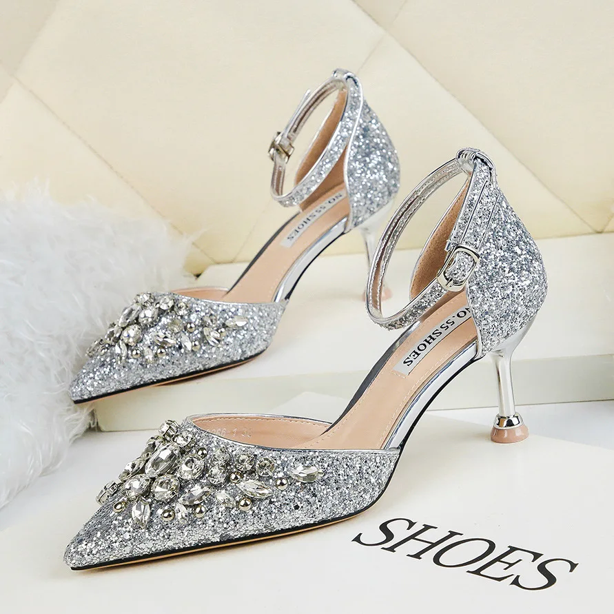 2021 New Rhinestone High Heels Cinderella Shoes Women Pumps Pointed toe Woman Crystal Party Wedding Shoes 6.5cm heels
